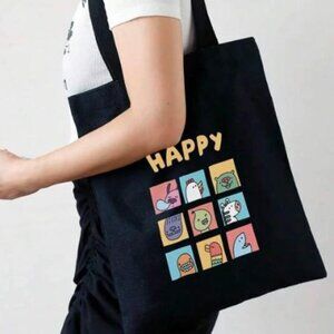 Happy Cartoon Squares Lilen Shopping Tote Black
